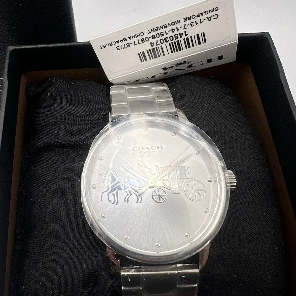 Coach New York Horse Carriage Stainless Steel Bracelet Watch Silver Dial Women